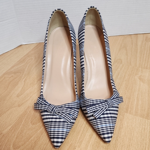 J. Crew Blue White Plaid Bow Pump Pointed Toe Heels Size 9.5 - Picture 3 of 16